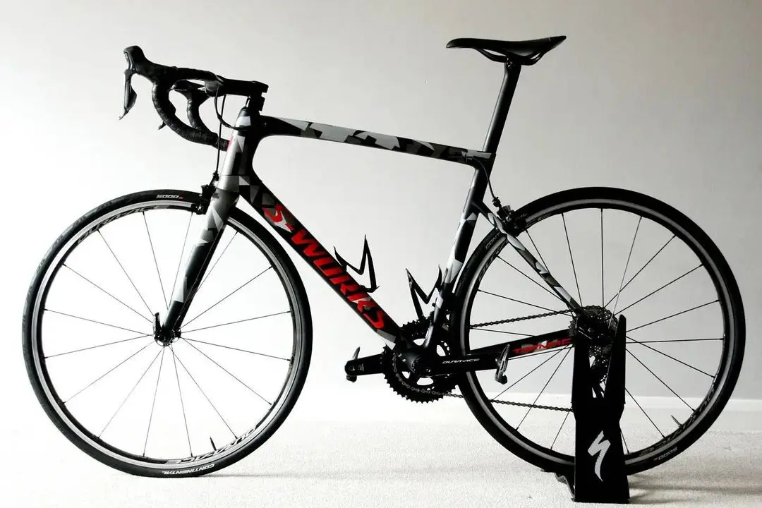 Specialized S-Works Tarmac with custom grey camouflage paint and a Dura-Ace groupset